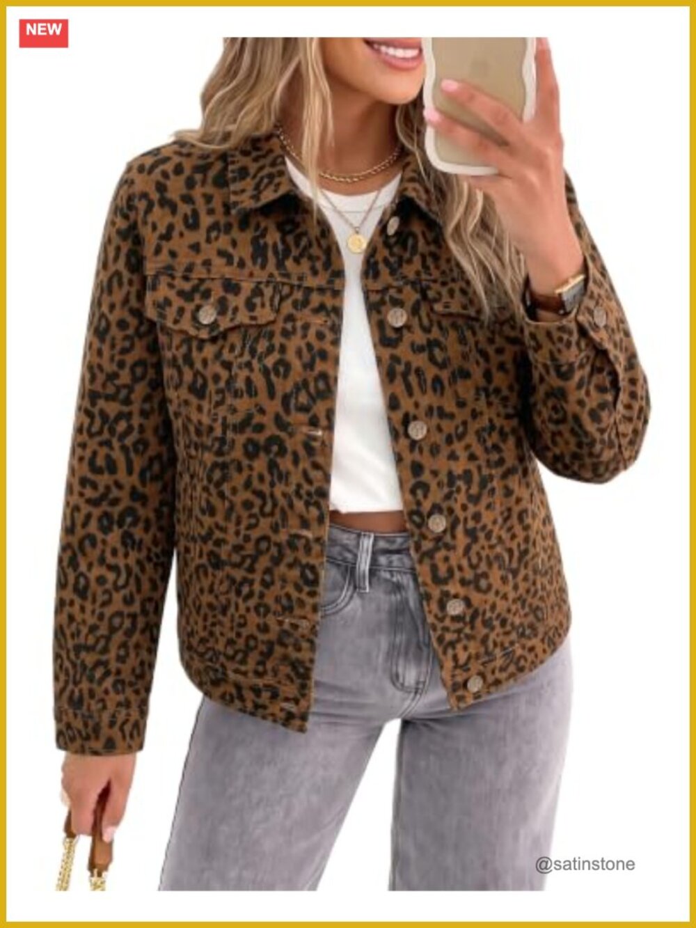 Leopard Cheetah Print Stretch Denim Trucker Jacket Cropped Button Up